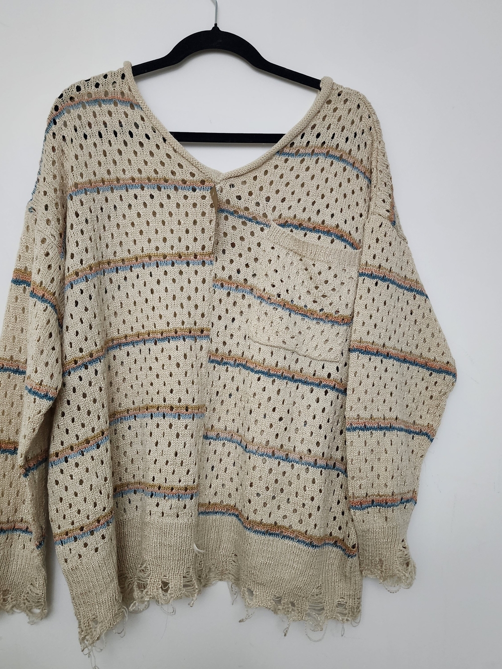 BKE Cream Open-Knit V-Neck Sweater with Blue and Brown Stripes Lagenlook Boho M